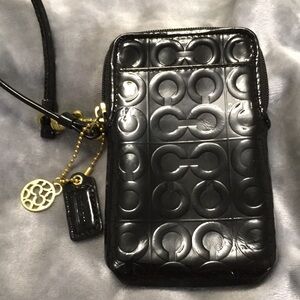 Coach Black Patent Leather Wristlet Clutch with Gold Accents
